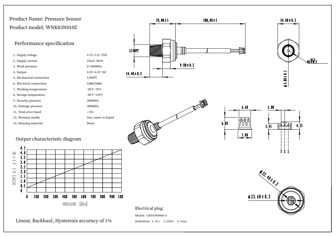 WNK Low Cost 0.5-4.5V Brass Pressure Sensor for Water/Oil/Air Gas 3