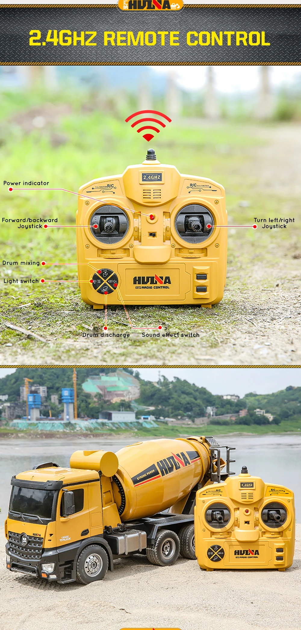 HOSHI HUINA 1574 1:14 RC Truck Tractor Engineering Car 2.4GHz Remote Control Car 10CH RC Mixer Trucks Toys Boys