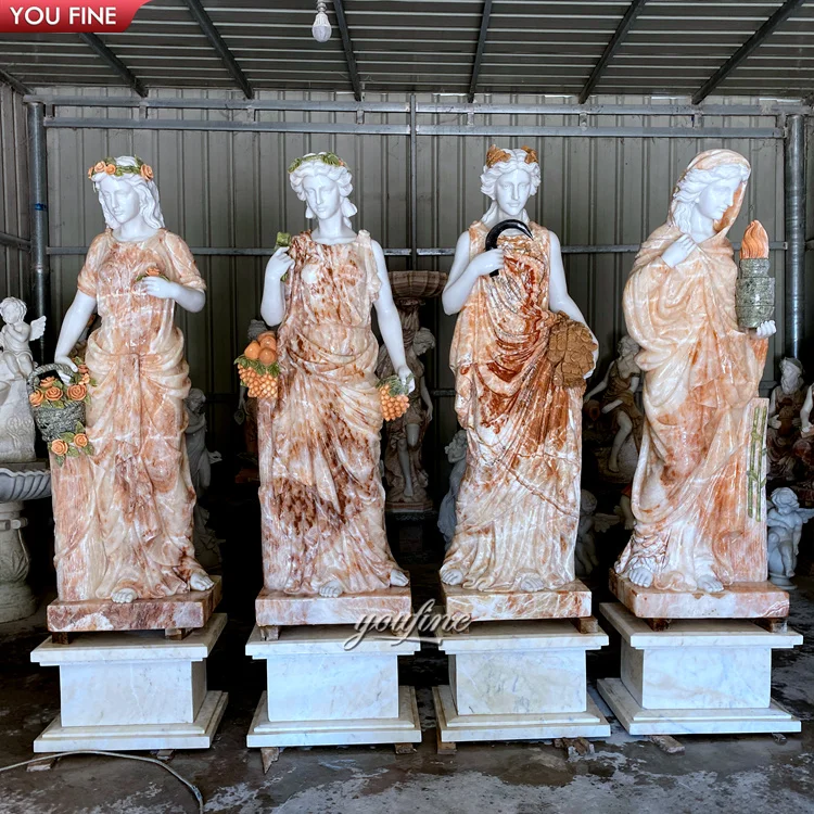 Famous Design Outdoor European Style Hand Carved Mixed Red & White Marble Stone Statue Four Season Gods Sculpture