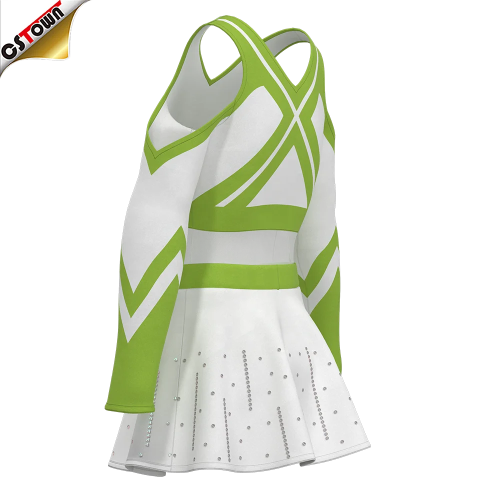 Custom Made Cheerleading Uniforms Girl Ab Rhinestones Green And White