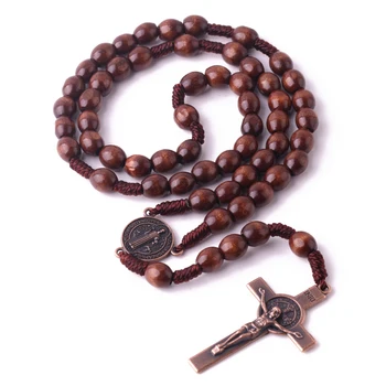 Catholic Religious Men's Jewelry Crucifix Pendant 8*10mm Brown Wooden Beads Saint Benedict Rosary Necklace for Prayer