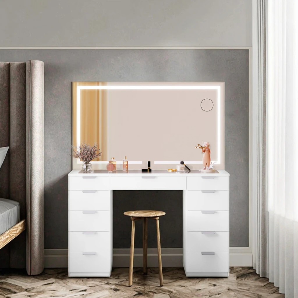 Customized Modern Style Vanity Desk for Children Lighted Mirror Makeup Dressing Table with Storage Furniture Wood Iron Material