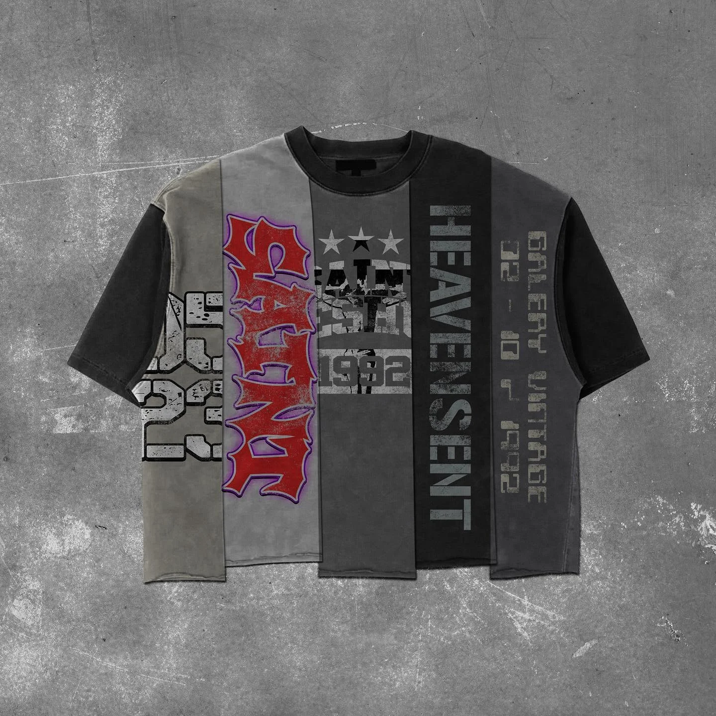 Salati Manufacturer Custom Panel Color Tee Men Block Acid Washed Sun Faded Vintage Hem Cut Sew Splicing Streetwear T Shirt Men gallery 9