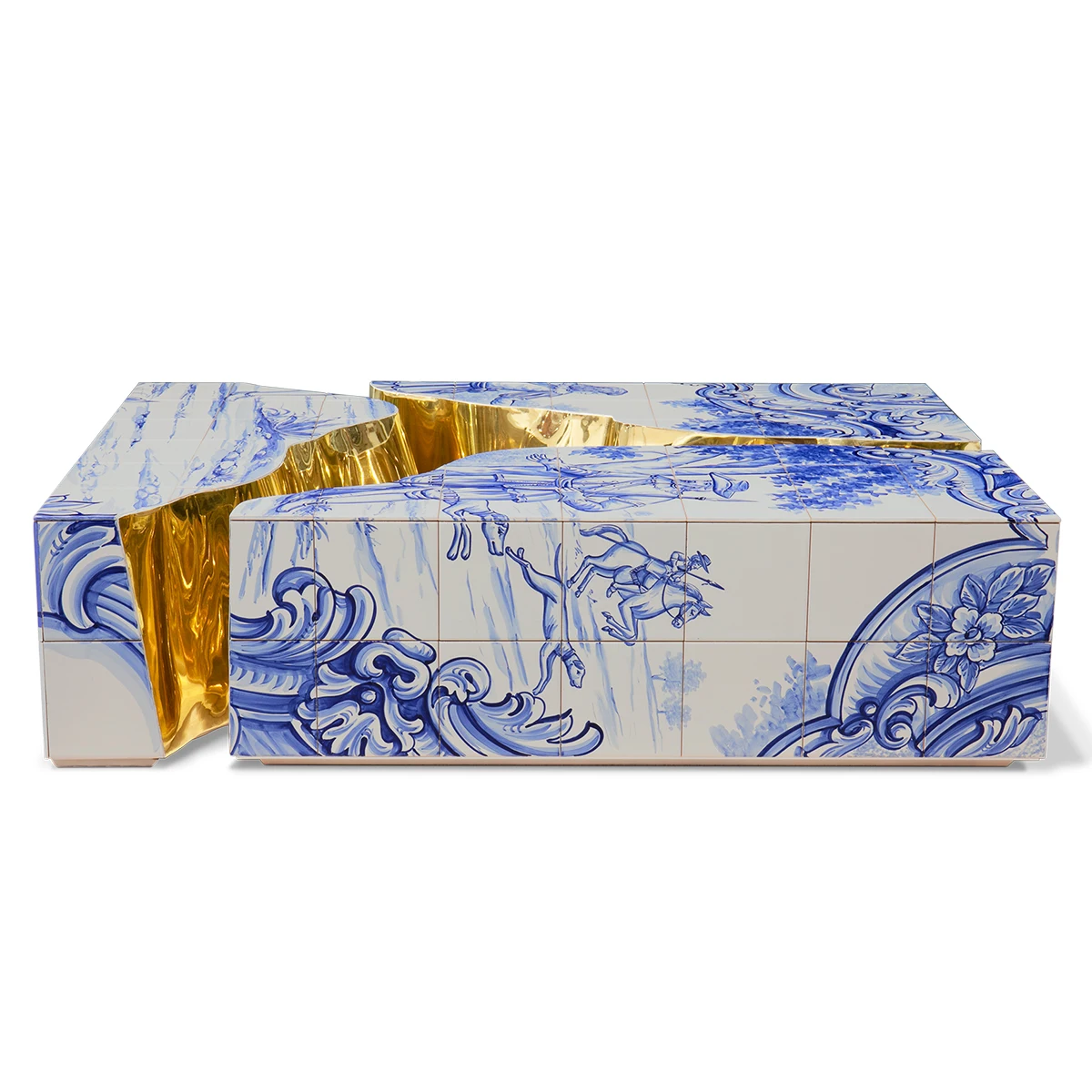 Portuguese Azulejo Center Table - Traditional Hand-Painted Tiles, Polished Brass, Modular Design