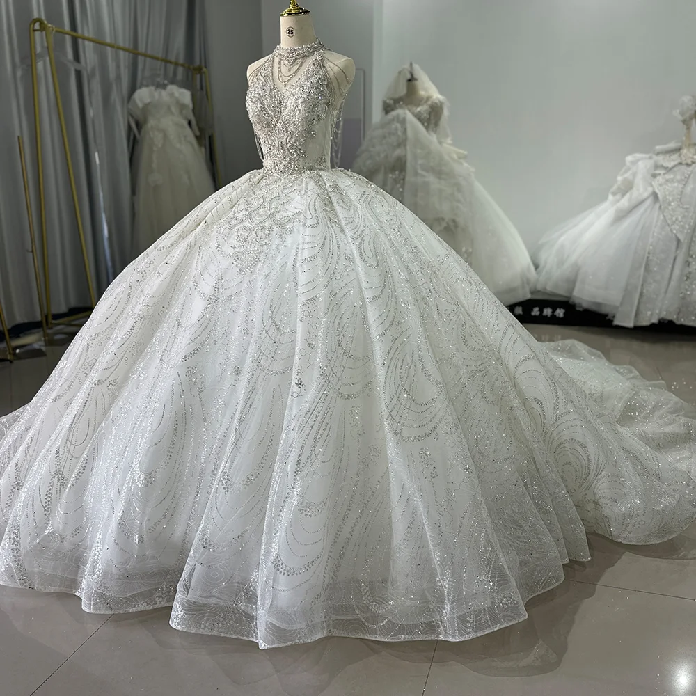 Vintage High Neck Ball Gown Wedding Dress XS043 Arabic Bridal Gown with Big  Long Train Sparkly Crystals Glitter Lace Decoration