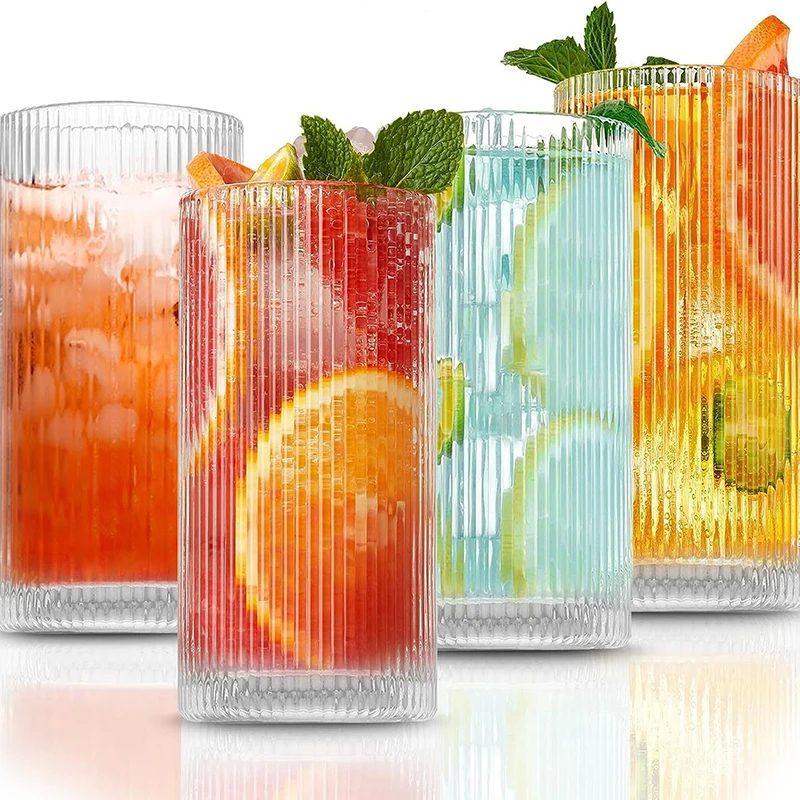 Hot Sale 12oz Ribbed Vertical Striped Glasses With Bamboo Lids And