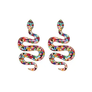 wholesale exaggerated gold snake earrings handmade long multicolor see bead snake stud earrings jewelry for women