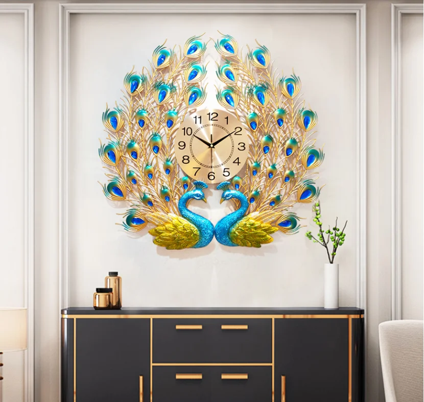 New Fashion Luxury Clock Decor Big 3D Antique Style Resin Peacock Fancy Gold Wall Clocks