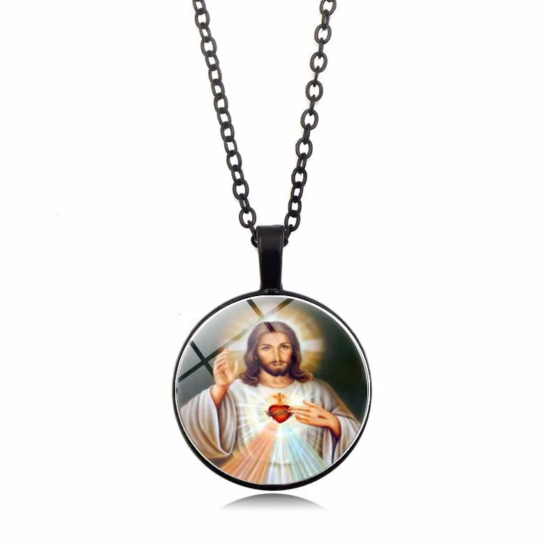 Virgin Mary Baby Jesus Religious Pendant Necklace Glass Dome Pendant Necklace.