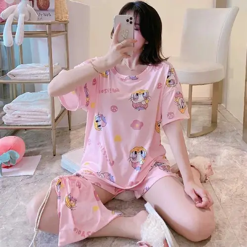 Summer Women's Cartoon Print Pajamas Ladies Pajamas Short Sleeve Shorts Sleepwear Girls Cute Printing Home Wear onesie w