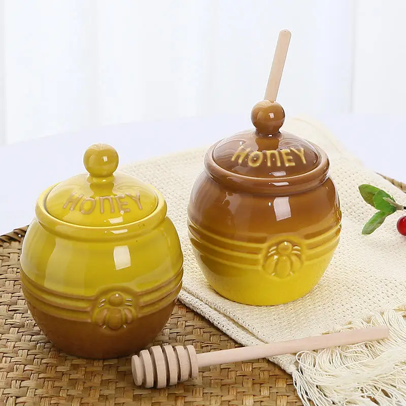 New Product Direct Supply Ceramic Retro Honey Storage tank with Wood Stirring Stick