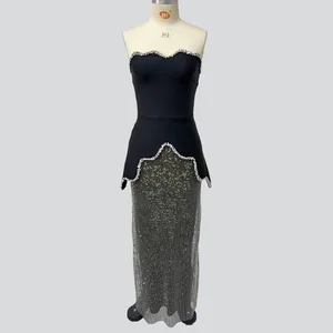 Black Women Sexy Strapless 2 Pieces Shinning Diamond Bodycon Set Nightclub Party Celebrate Birthday Evening Outfit