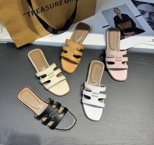 French square Head Low Heel Shoe Senior Sense Word Pure Color Slipper fairy Hollow Out Simple Fashion Sandals