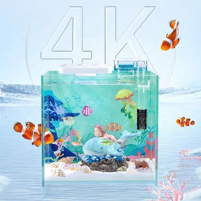 Nepall Desktop Landscape Fish Tank Glass Ecological  Mini Koi Fish Aquarium Fish Tank With Lamp and Filter
