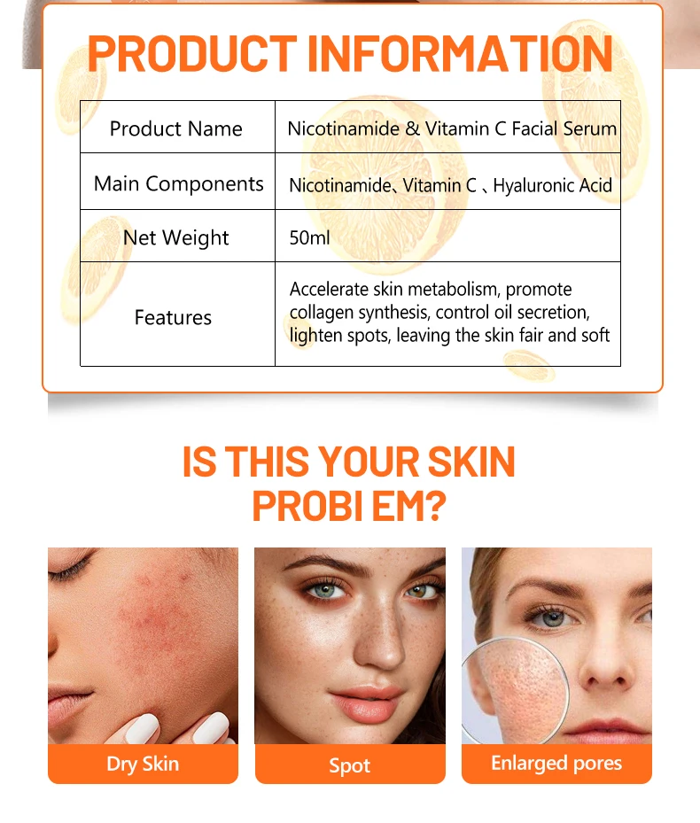 Hot Sale Vitamin C Niacinamide Face Serum for Face Skin Brightening Moisturizing Hyaluronic Acid Face Serum