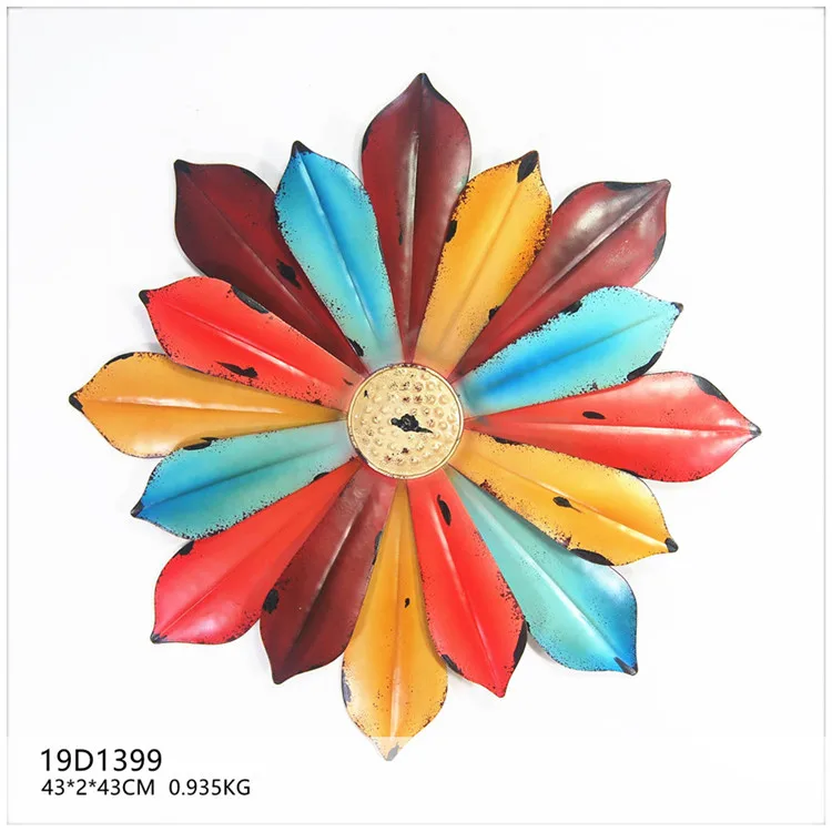 Hand Crafted Large 3d Flower Wrought Iron Metal Wall Art Blue & Yellow & Red