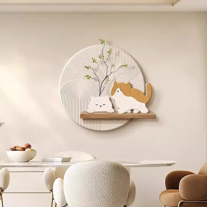 Round Textured Wall Decor With 3D Cats Wooden Shelf Minimalist Wabi Sabi Neutral Beige Home Living Room Kitchen Entryway
