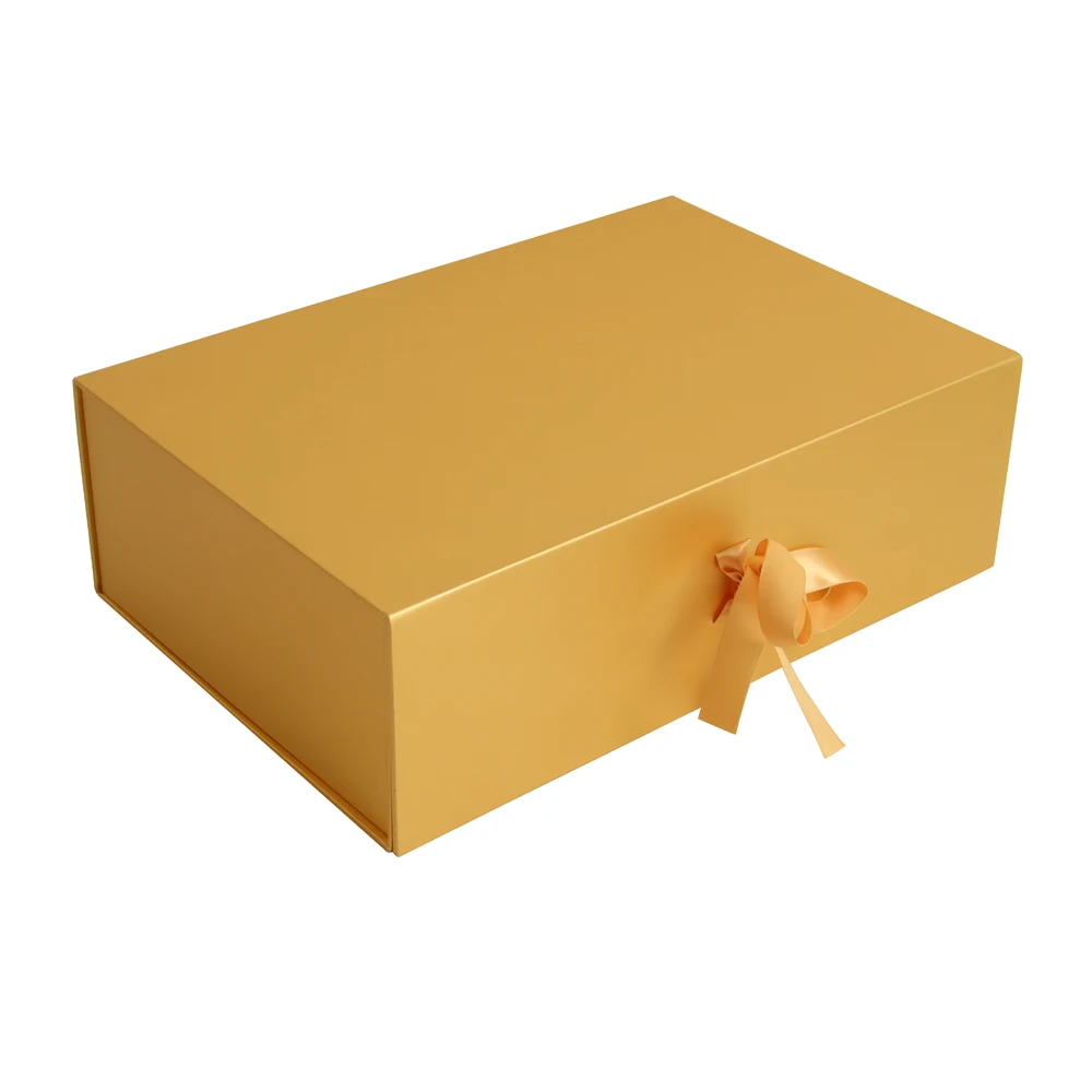 高端金色彩色可折叠纸包装磁性定制徽标印刷硬质礼品盒,带金色丝带 - 