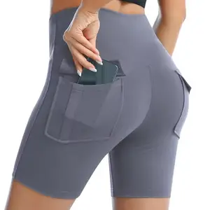 Custom Logo High Waist Print Gym Cloth Plus Size Push Tight Fitness Short Leggings Flap Back 2 Cargo Pockets Quick Dry