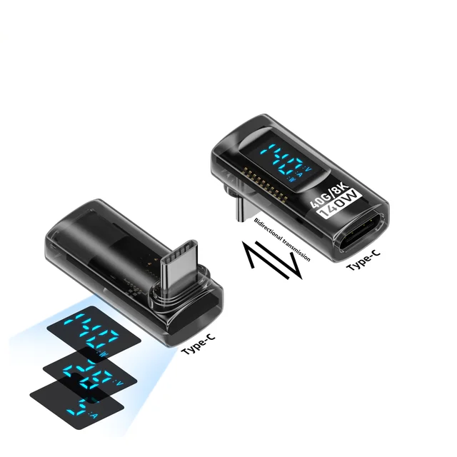 USB C Female to Male Converter up Bend With Digital Screen 140W Data 40Gbps 8K HD Video Projection Fast Charging Type-C Adapter