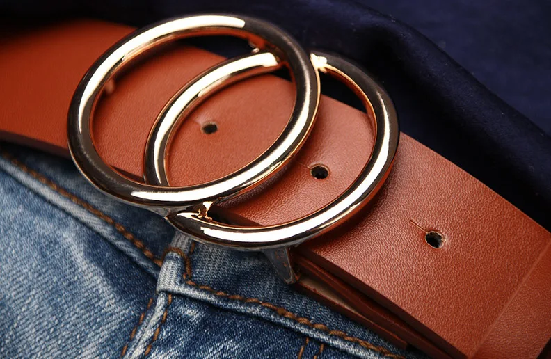 Shiny Gold Double O Ring Belt - Soft PU Leather for Women display picture 1