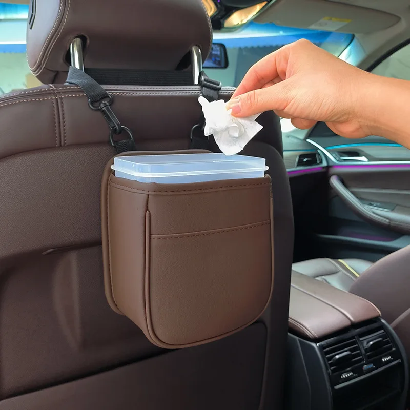 Car Seat Storage Hanging Bag Multifunctional Leather Car Trash Can 2