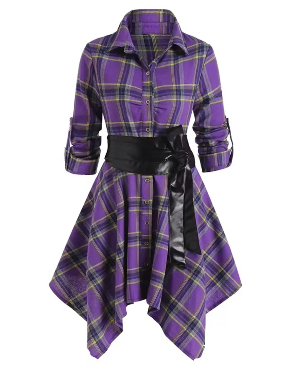 Women Striped Flannel Dress Long Sleeves Casual Turn-down Collar Shirt  Single-breasted Cotton Blouse