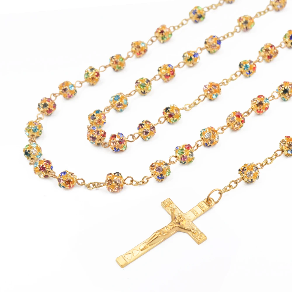 Catholic Gift Diamond Rosary Necklace Copper Rhinestone Beads