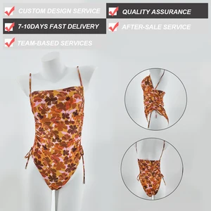 Women's Floral Print Ruched One-Piece Swimsuit Adjustable Straps Backless Bathing Suit with Custom Design Service