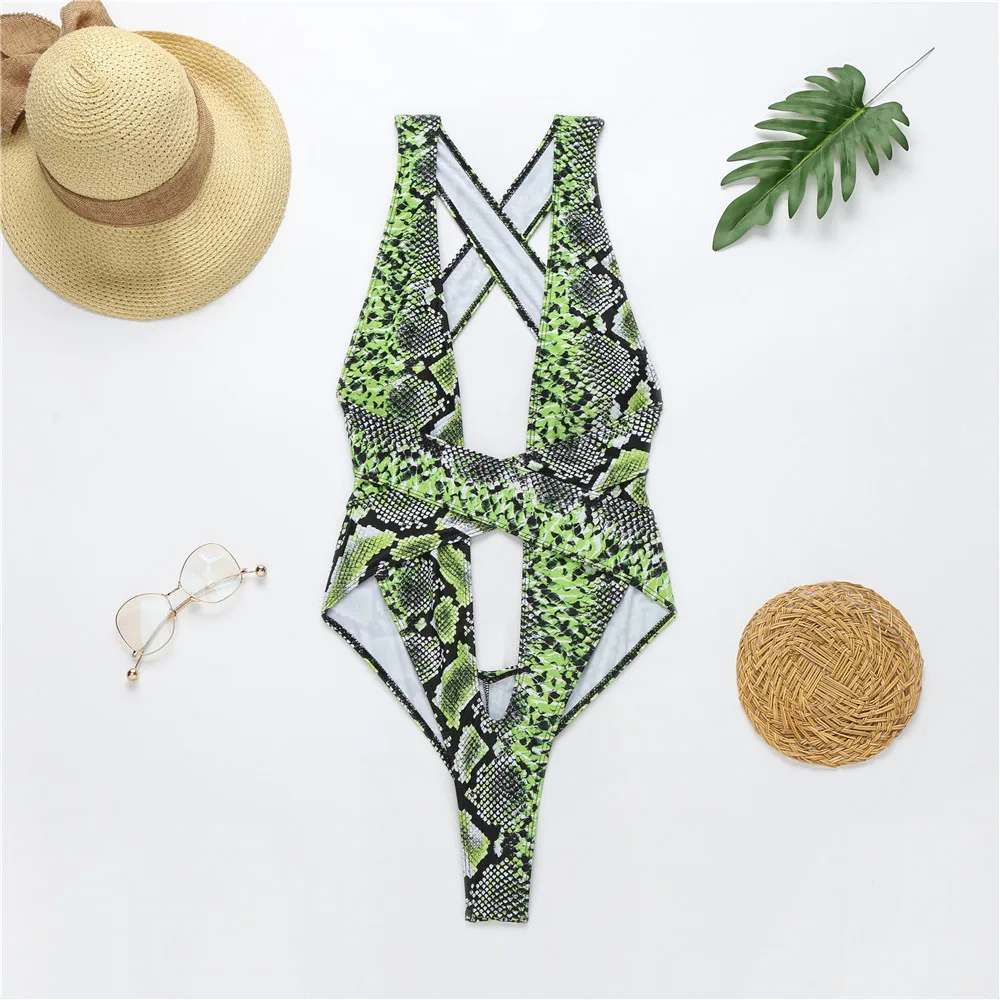 2021 New Sexy Print High Leg Cut Out Padded Monokini One Piece Swimsuit