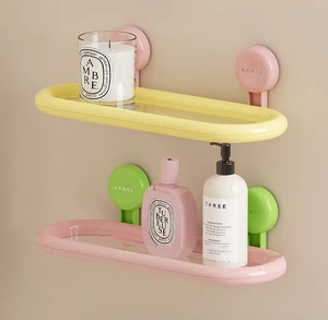 Single-Tier Plastic Storage Rack Suction Cup No-Drill Wall-Mounted Shower Gel Organizer for Home Bathroom