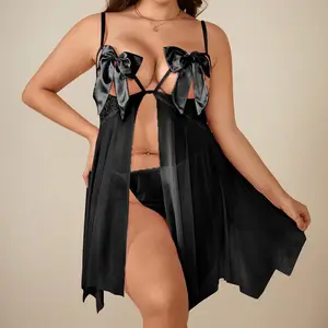 Xl-Xxxxl Plus Size Women Sexy Lingerie Bowknot Front Hollow Out Sexy Nighty Open Breast Dress Backless Erotic Nightwear