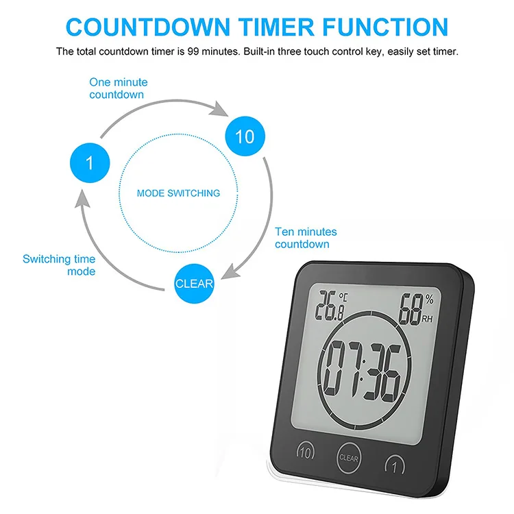 ЖК цифровые часы с сенсорным управлением Измеритель температуры и влажности Многофункциональный Водонепроницаемый Таймер Будильник для кухни ванной