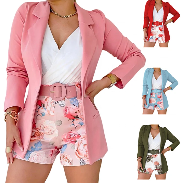 Cele Mai Noi Modele de Blazers și Pantaloni Scurți pentru Dama, Imprimare Eleganță Set Blazers pentru Femei cu Centură