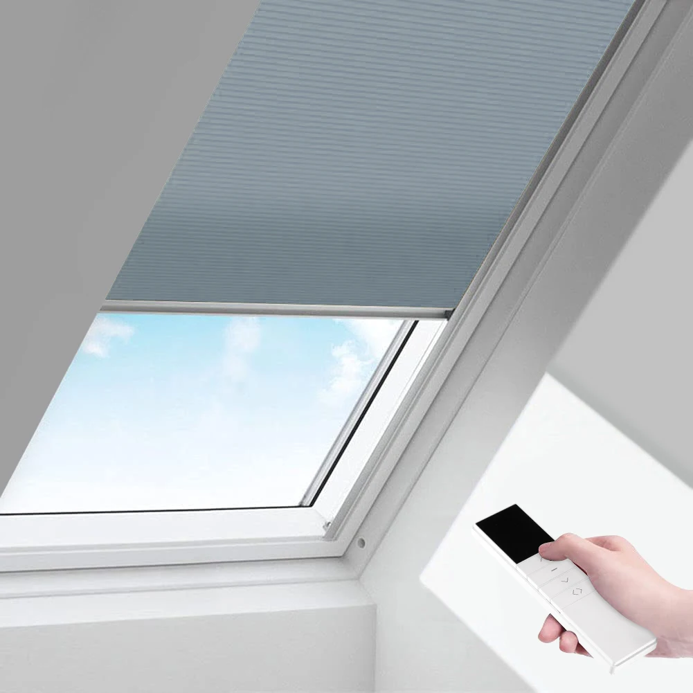 ZSHINE Motorized Cellular Blinds Remote Control Cordless Honeycomb Blinds Shade Light Filtering Fabric for Skylight Glass Room