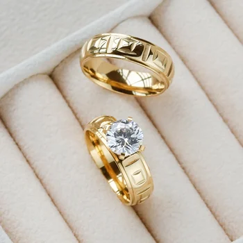 Wholesale Tarnish Free jewelry Stainless Steel Zircon Wedding Couple Rings 18K Gold Plated Elegant Diamond Engagement Ring Set