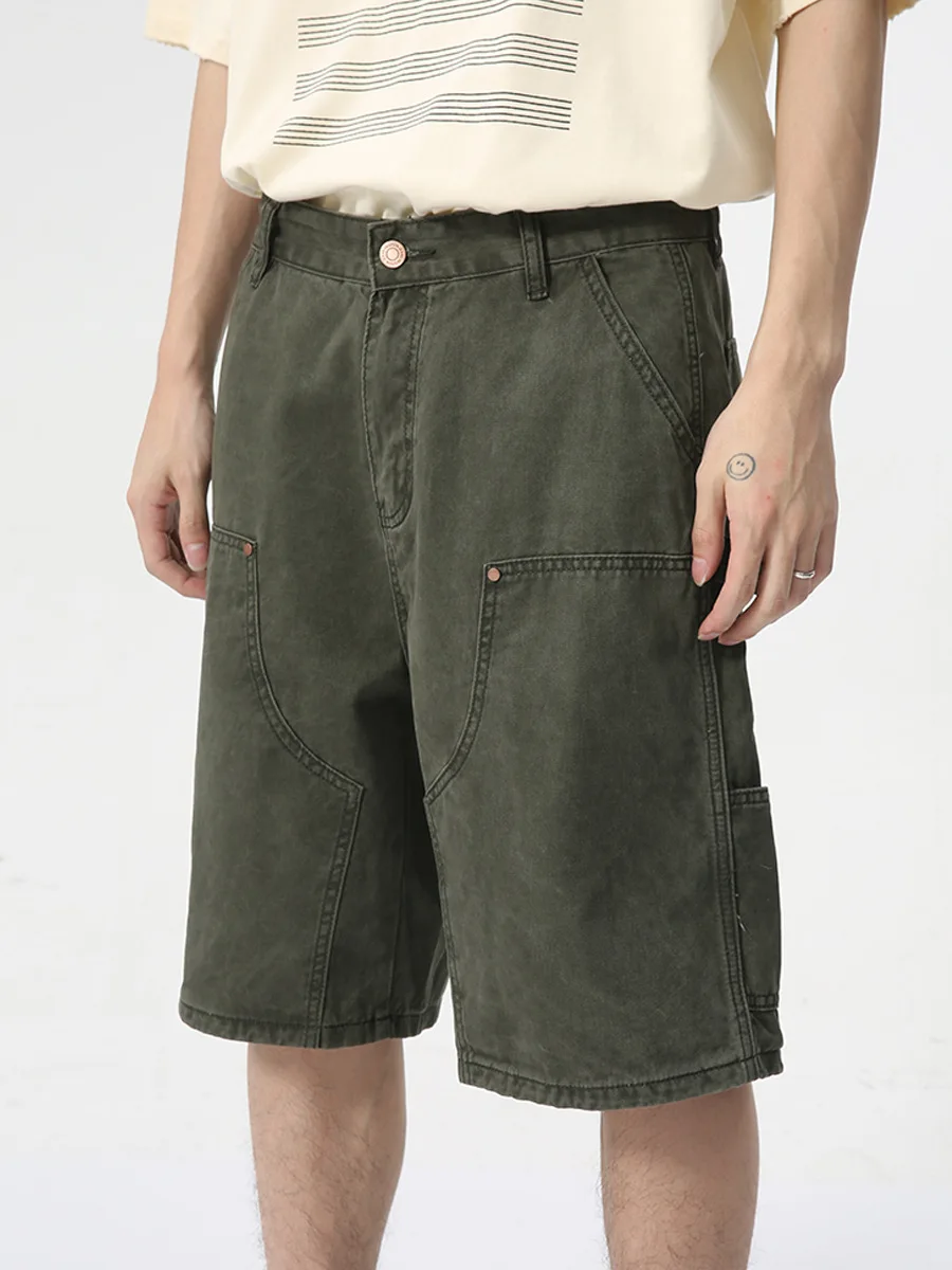Mens Summer Short Green Straight Loose Wide Leg Washed Workwear Carpenter Style Denim Cargo Shorts Baggy Men Jeans_voghion.com