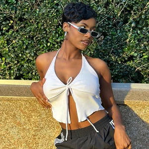 JY D24TP263 Summer Sexy Halter Tank Top Women Crop Top Women's Slim Streetwear Slit Solid Color Tank Top
