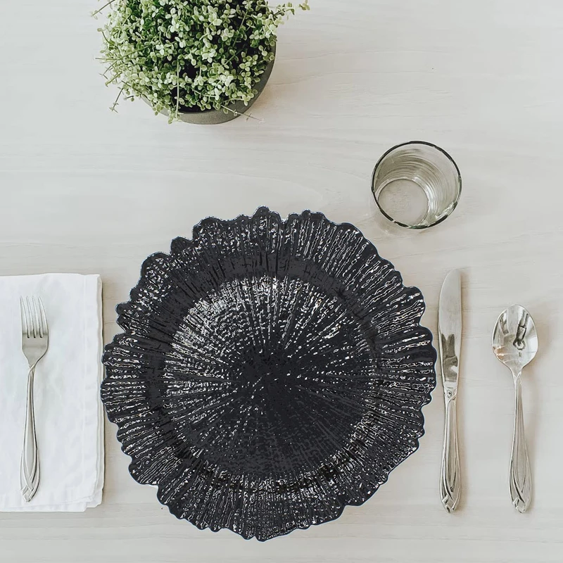 Wholesale Elegant Acrylic Plastic Black Red Silver Rose Gold Reef Charger Plates Wedding Decoration Chargers for Dinner Plates