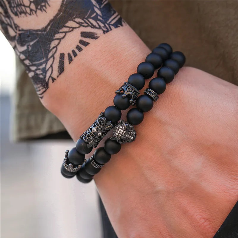 2pcs/set New Fashion Micro Pave Cz Leopard Charm Bracelets Matte Black  Stone Cz Crown Beads Bracelets Black Obsidian Bracelets - Buy Bracelet Set  For Men,Natural Stone Bracelets,Leopard Beaded