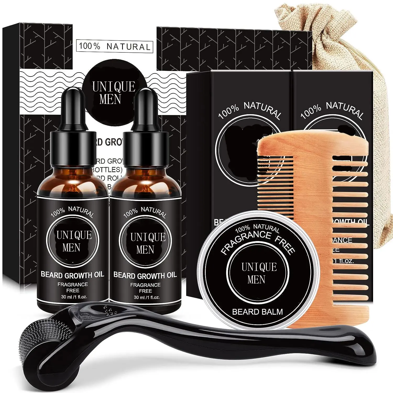 Private Label Micro needle Roller Kit Beard Oil Beard Balm Custom Wooden Comb Men Birthday Christmas Gifts
