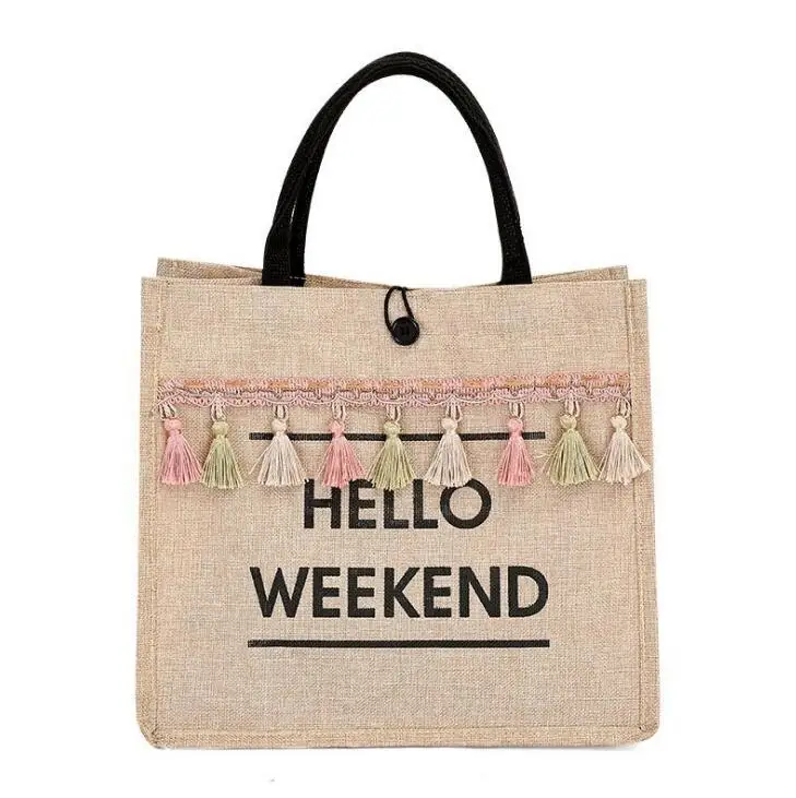 Hello Weekend Straw Tote Bag