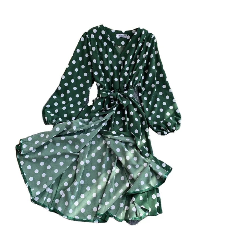 Ladies Dresses Long Green Polka Dot Dress Elegant Korean Green