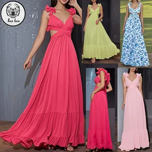 Hot Selling Pink Chiffon Backless Cross-tie Clothes Summer Sexy Party Women Evening Maxi Dresses
