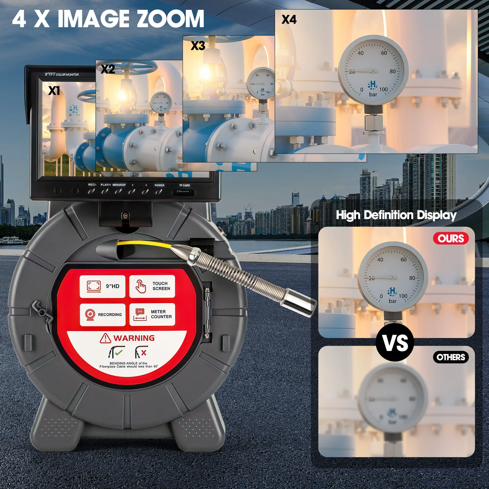 Sewer Camera 512Hz Locator&Sonde Self-leveling Meter Count 9inch HD Screen Factory Wholesale Industrial Pipe Camera Video Recording Endoscope