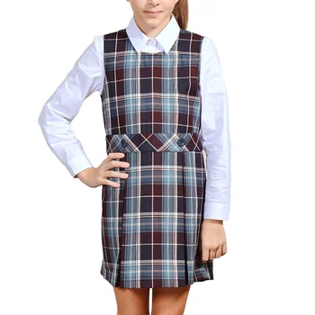 Guang Zhou White School Uniforms Sets Custom Girls Dress Plaid School Uniform Pinafore