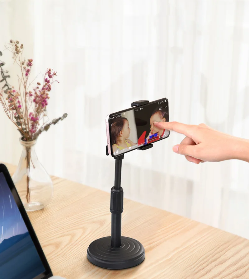 2 in 1 Mobile Phone Holder Tablet Stand Desk 360 Rotate for Desktop Live Streaming Overhead Shoot Video Round Base