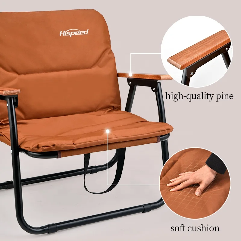 HISPEED OEM Customized Pattern Folding Camp Chair Aluminum Folded Luxury Camping Chair High Back With Logo Brown