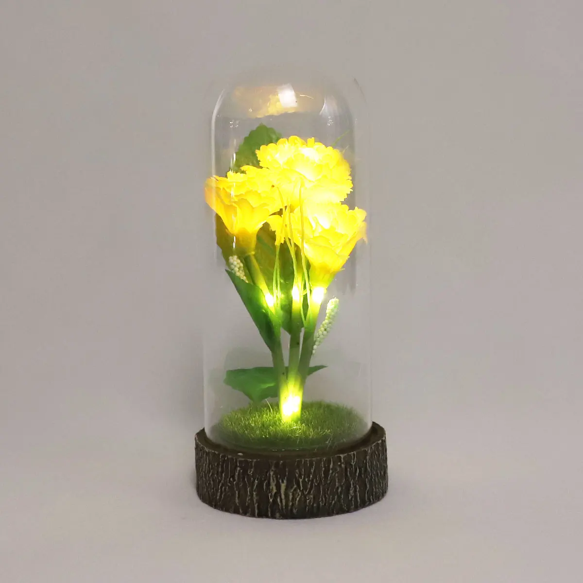 Wholesale China custom made battery operated decorative small yellow artificial plastic flower with glass dome and led lights