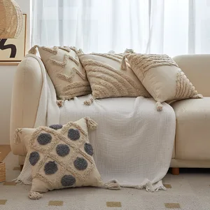 Bohemian Style Tufted Pillow Cushion Cover Plain Canvas Pillow Covers 18*18 Throw Pillow